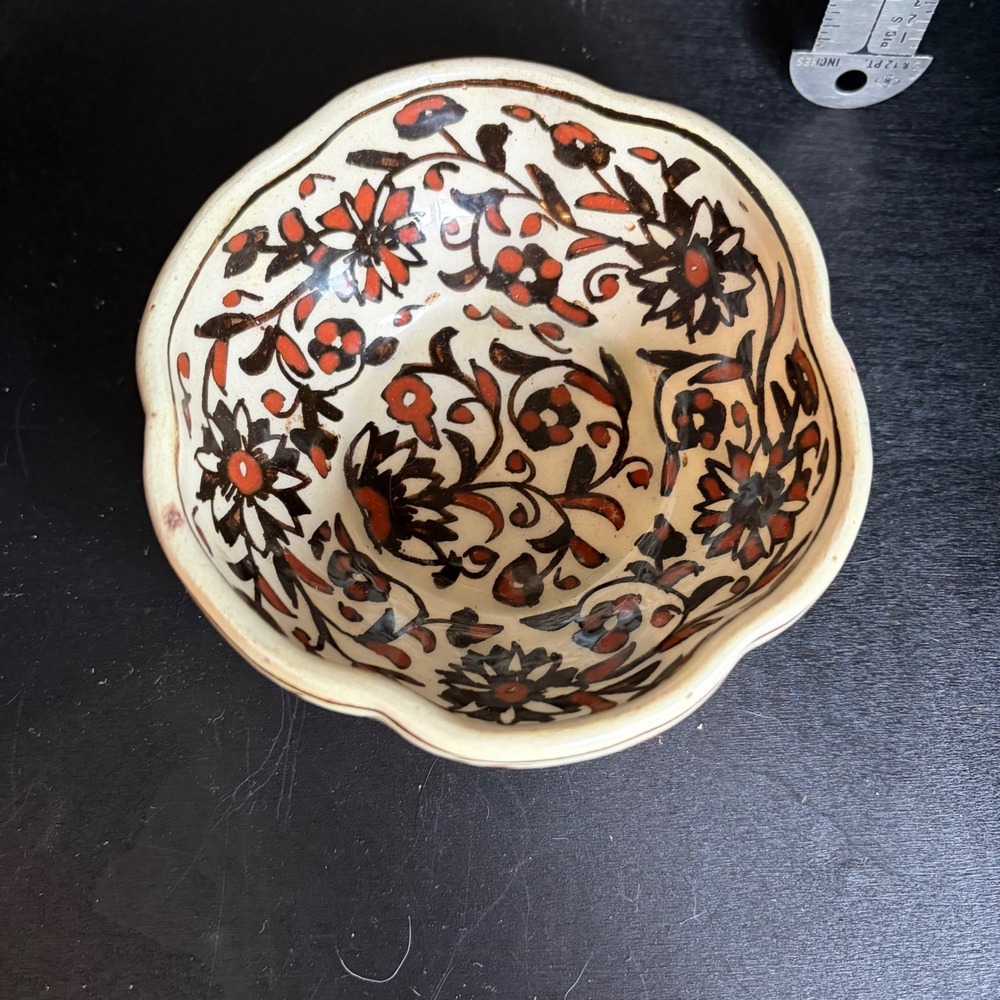 Hand Painted Floral Ceramic Bowl Scalloped Rim Rust Red Brown Artisan Pottery